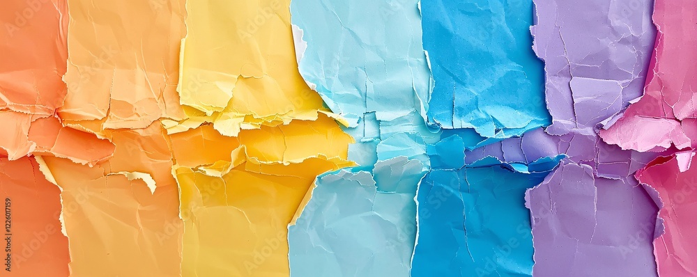 Poster rainbow gradient made from torn paper pieces on a vibrant background