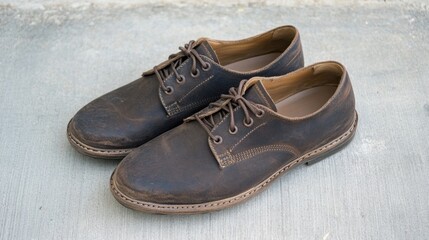 Naklejka premium Matte brown leather shoes with simple laces, resting on a modern concrete surface.