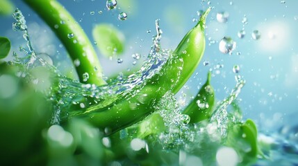 Close-up view of green beans plunging into water, water splashes frozen in time, vibrant tones with dynamic focus