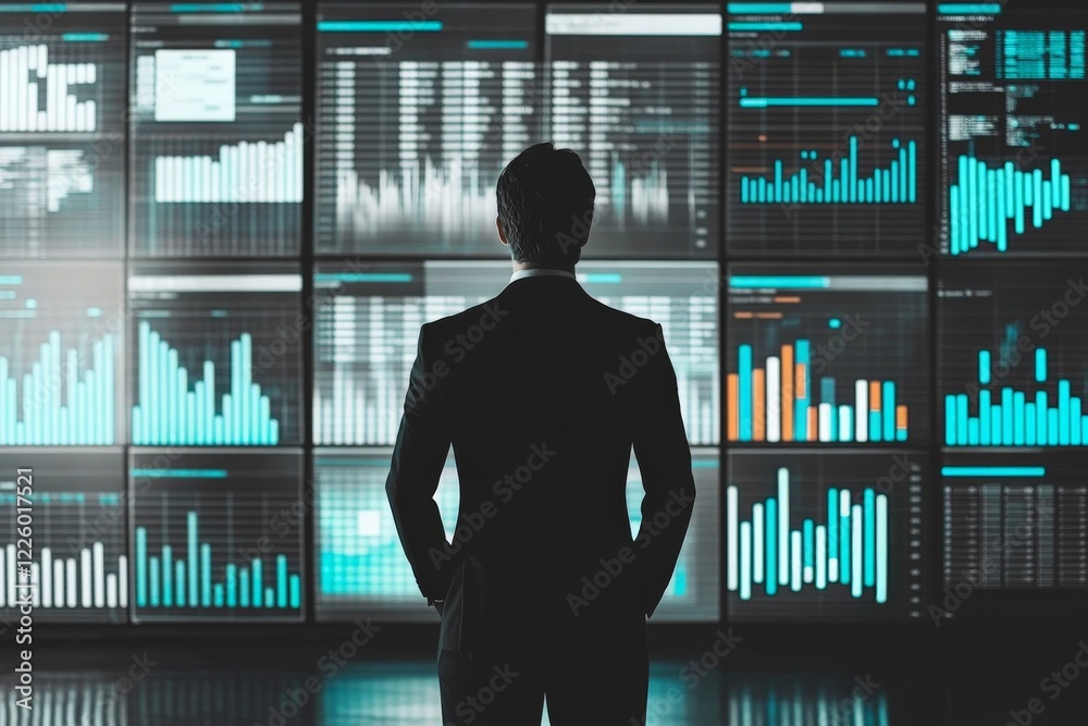 Aufkleber business professional analyzes data trends in modern office environment with multiple digital screen
