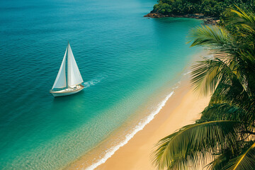 Obraz premium Tropical beach scene with sailboat sailing on turquoise waters near shore.