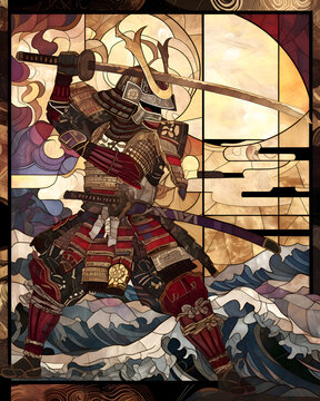 Samurai im Kampfpose in Glasmalerei-Stil