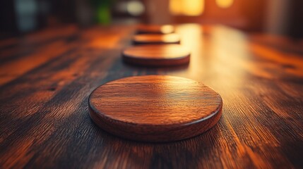 Obraz premium Wooden coasters on table, sunlit kitchen background