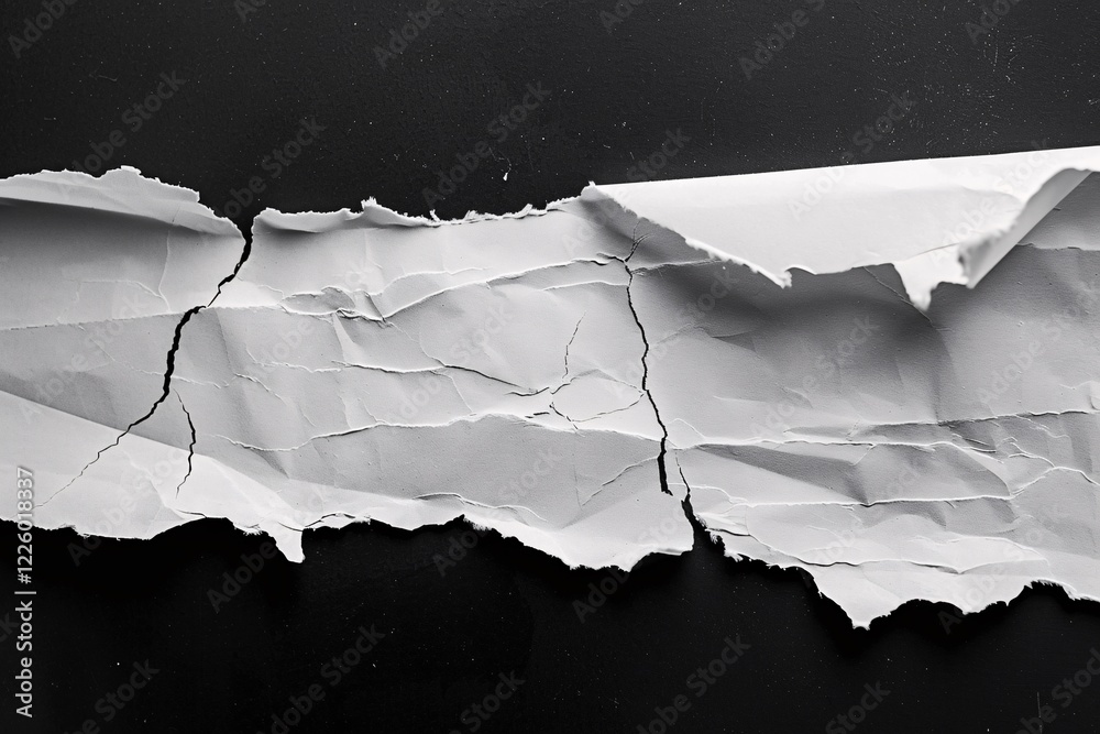 Aufkleber White crumpled and torn paper with jagged ripped edges on a black background representing broken dreams