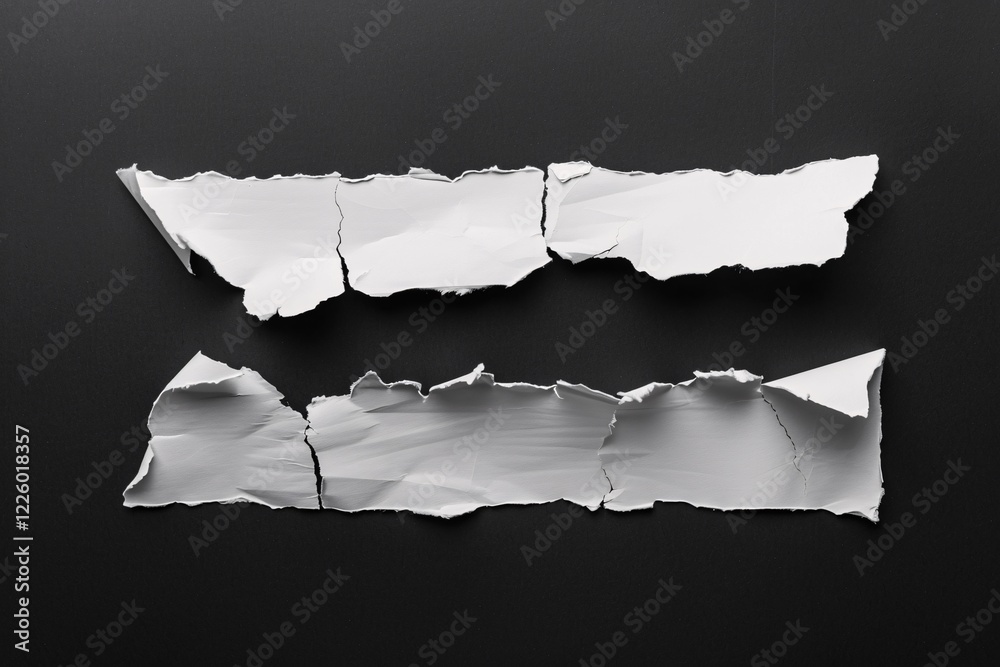 Aufkleber Two pieces of torn white paper are laying on a black background creating copy space