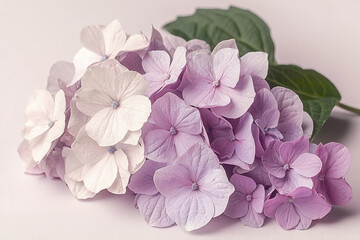 Fototapeta premium A delicate arrangement of pastel-colored hydrangea flowers on a soft background, showcasing their beauty