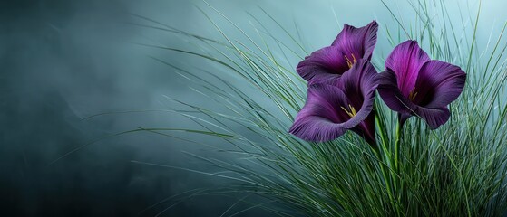 A serene arrangement of purple calla lilies amidst soft green grass.
