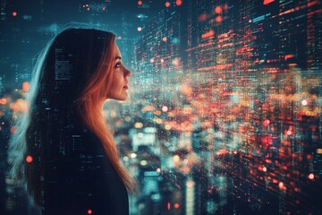 Woman gazing at vibrant city lights with digital data overlay at night