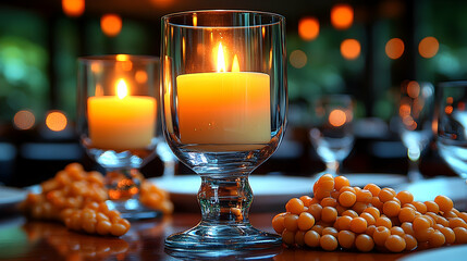 Romantic candlelit dinner table setting, restaurant ambiance, bokeh background, for romantic themed websites