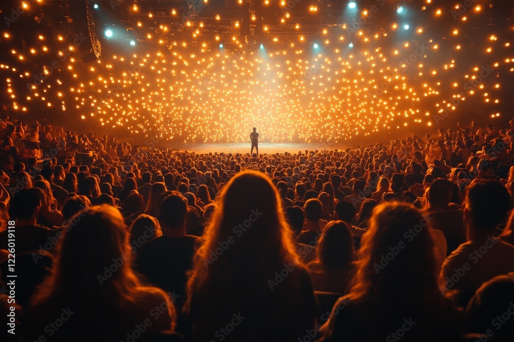 Poster crowd mesmerized by performer under glowing lights in a large auditorium during an evening event