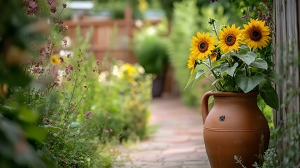 Sunflowers in Terracotta Jar Garden Path