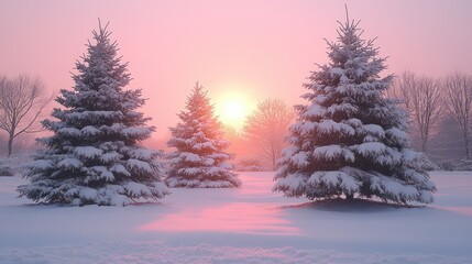 Fototapeta premium Serene Winter Sunrise: Snow-Covered Evergreens Glowing at Dawn