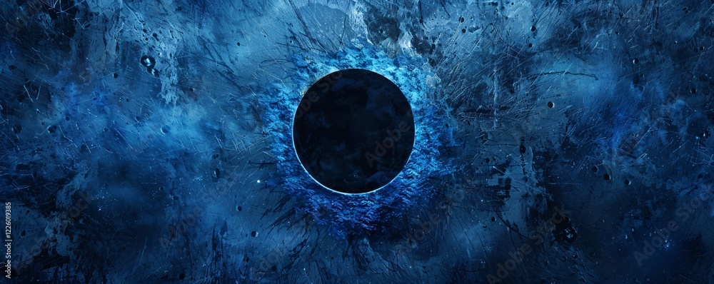 Poster abstract background with black circle in center of blue grunge wall texture