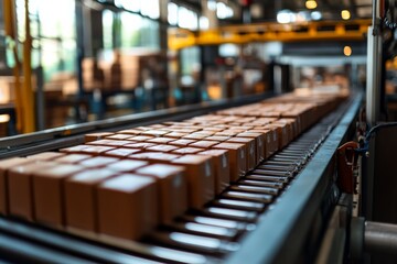 Conveyor belt transporting packaged goods in a modern warehouse during daylight hours