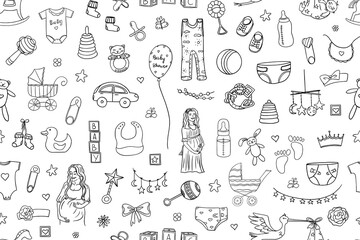 Seamless pattern of cute baby shower elements in doodle style. Baby boy and baby girl, happy mother, pregnant. Hand drawn. Great for invitation card, decoration party, design or advertising.