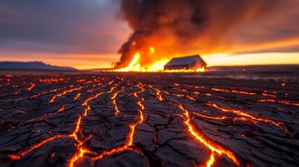 A fiery inferno consuming the horizon, with close-up details of cracked, burning earth and a house just barely visible through the smoke