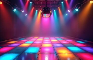 Retro disco party dance floor with colorful lights. Vibrant colors illuminate reflective tiles. Glamorous nightclub ambience. Music, celebration atmosphere. Retro style party decor. Electric lights.