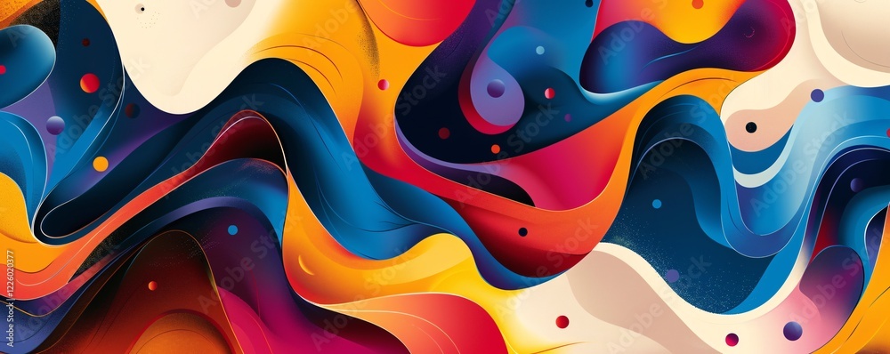 Poster Dynamic wavy shapes on abstract colorful background seamlessly flowing and merging, evoking fluidity and motion