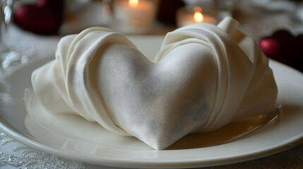 Romantic heart napkin on table, candlelight dinner, Valentine's Day