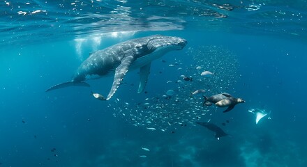 Majestic humpback whale surrounded by a school of fish and a sea lion in the deep ocean.  Amazing marine wildlife.