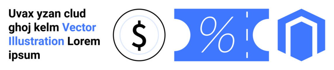Dollar sign, percentage-marked coupon, and hexagonal logo suggest financial savings, discounts, and business branding. Ideal for marketing, e-commerce, finance, branding promotions investments