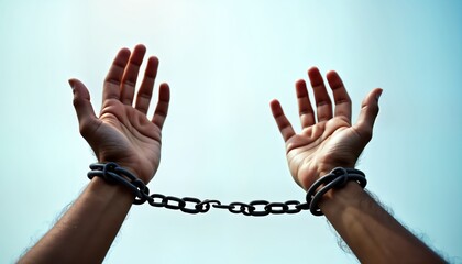 Man with shackled hands reaching for sky. Prayerful pose against light blue sky. Bound hands represent struggle for freedom. Image shows captivity, yearning for release. Metaphor for social