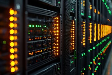 Naklejka premium Brightly lit server racks displaying activity in a data center during the evening hours
