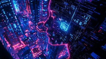 Close-up of futuristic smart city icons forming a silhouette of a human head, layered with neon holograms and glowing circuits, in a fragmented cubist style, UHD image, electric blue tones