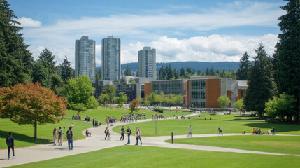A bustling university campus features modern buildings and open green spaces.
