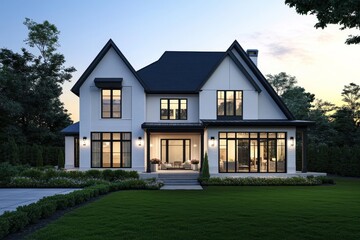 A twilight scene featuring the exterior of a ranch home, enhanced by charming landscape lighting.