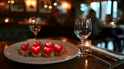 Obraz premium Romantic restaurant dinner, heart-shaped food, candlelight, blurred background, Valentine's Day