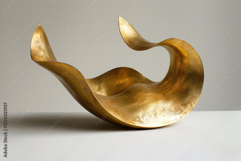 Aufkleber Golden sculpture with curves and a flowing form is resting on a white surface