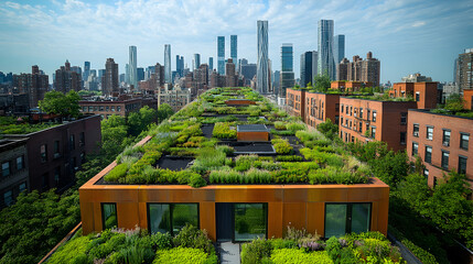 Rooftop garden, city skyline view, green infrastructure, urban sustainability, environmental design,  New York City