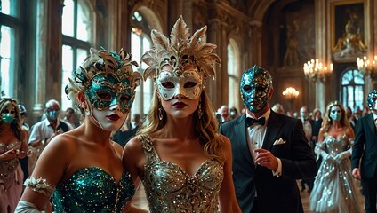 An elegant masquerade ball in a large hall with glamorous guests in ornate masks and dresses. Mysterious and festive atmosphere in Venice