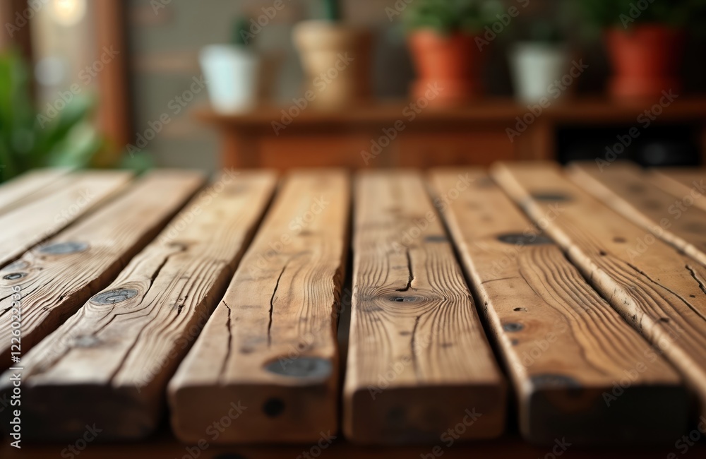 Poster rustic wooden table top with blurred background. closeup view shows wood grain, texture. natural lig