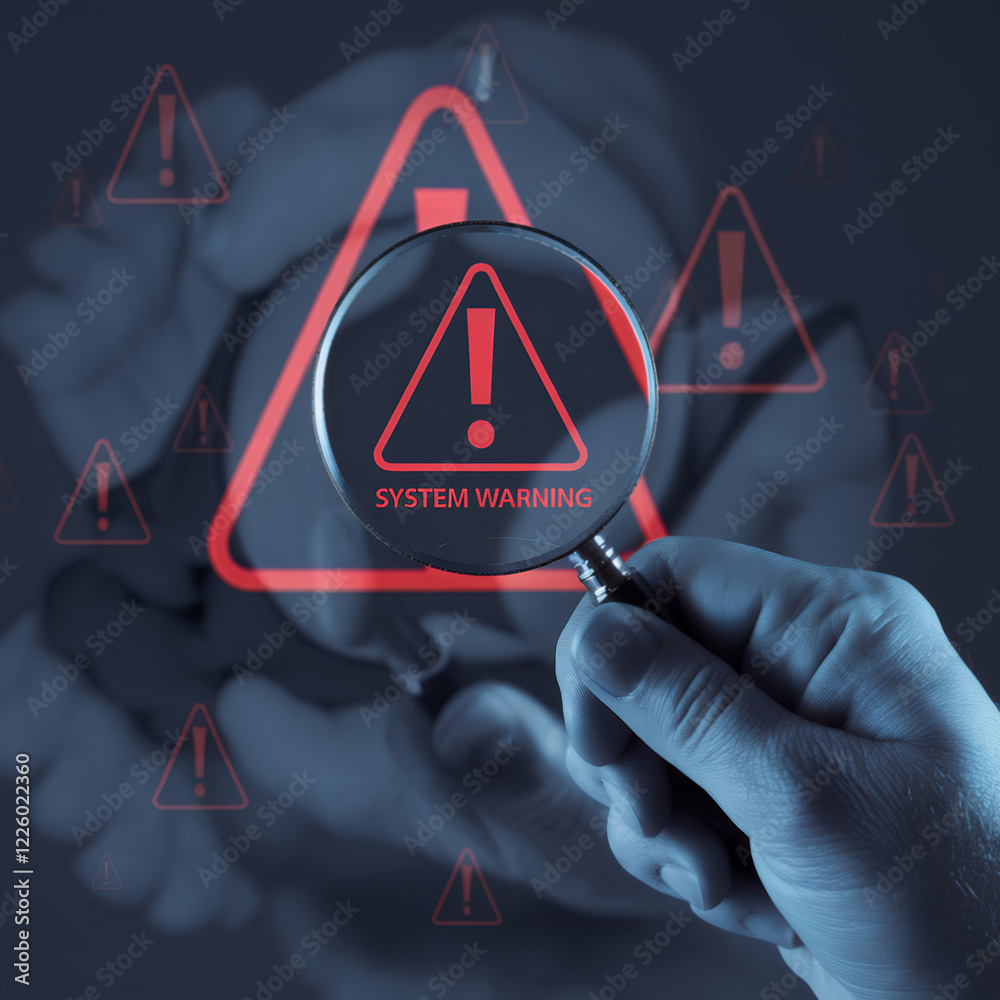 Poster cybersecurity alert: hand with magnifying glass investigating digital warning sign, red exclamation 
