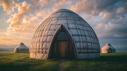 Obraz premium Stunning Sunset over Modern Yurt Village in Scenic Landscape