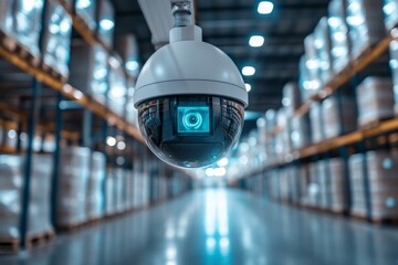 Surveillance camera monitoring a warehouse interior during daylight hours