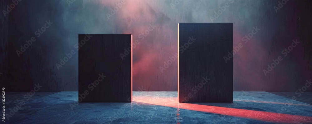 Poster two empty pedestals are standing in spotlights on a concrete floor in a grunge style room