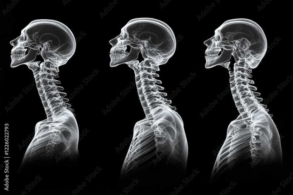 Poster skeletons displayed in side profile showcasing cervical spine anatomy in detailed sequence