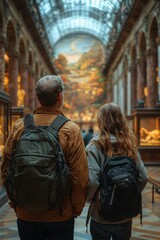 Fototapeta premium Couple explores a historic museum while admiring art and artifacts in a grand gallery setting