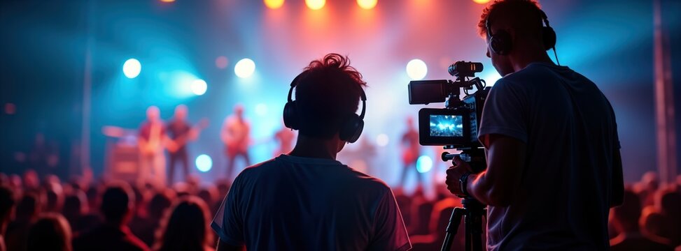 Cameramen film live concert on stage. People enjoy music performance. Bright stage lights. Pro equipment used for broadcast. Live music event captured for television. Concert atmosphere captured in