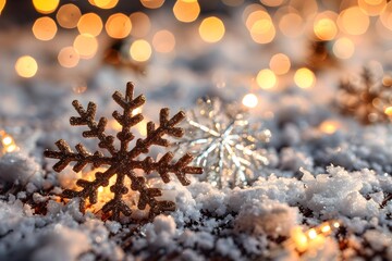 A close up of a snow covered ground with lights in the background