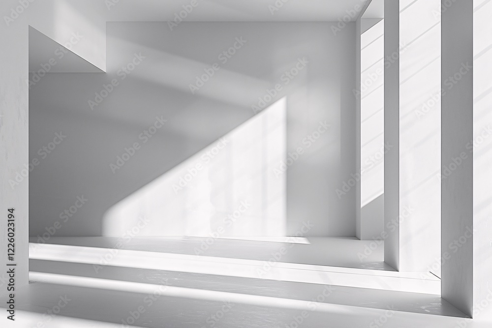 Poster Minimal white empty architectural space with sunlight casting geometric shadows from large windows