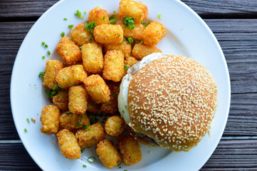 Sesame Bun Burger with Tater Tots
