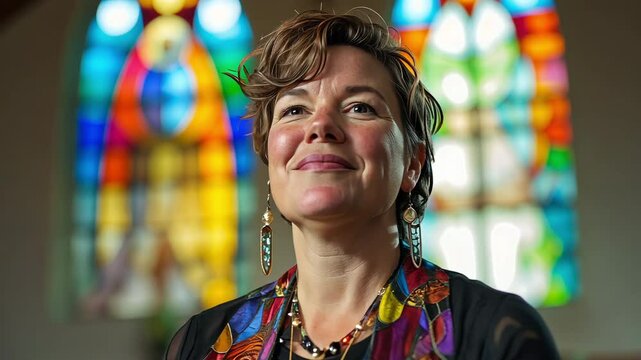 Pushing towards middle aged redhead Caucasian Lesbian pastor with big earrings smiling at an Evangelical Lutheran or Episcopal church with stained glass windows in the background.