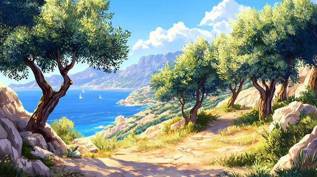 Olive grove on a cliffside with blue sky and sea, vast, cliffs, mediterranean. Majestic Grove. Illustration
