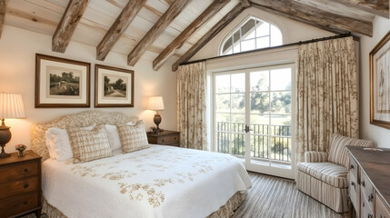 Rustic bedroom with exposed beams, garden view, and elegant decor; ideal for interior design websites