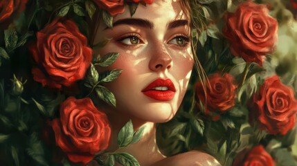 Woman surrounded by vibrant roses, showcasing beauty and nature's elegance