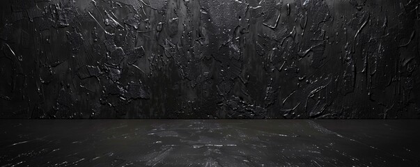 Empty studio room with black walls and concrete background, perfect for product placement, mockup, or as a background